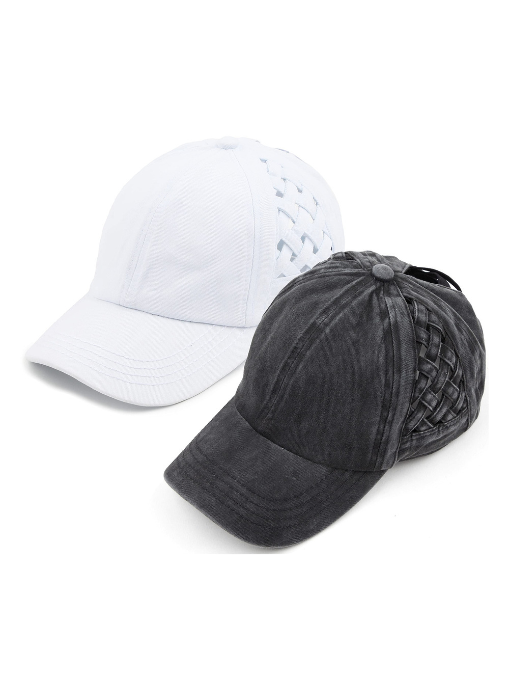 Criss Cross Ponytail Cap, Messy Bun Distressed Baseball | Black, White | Size OS